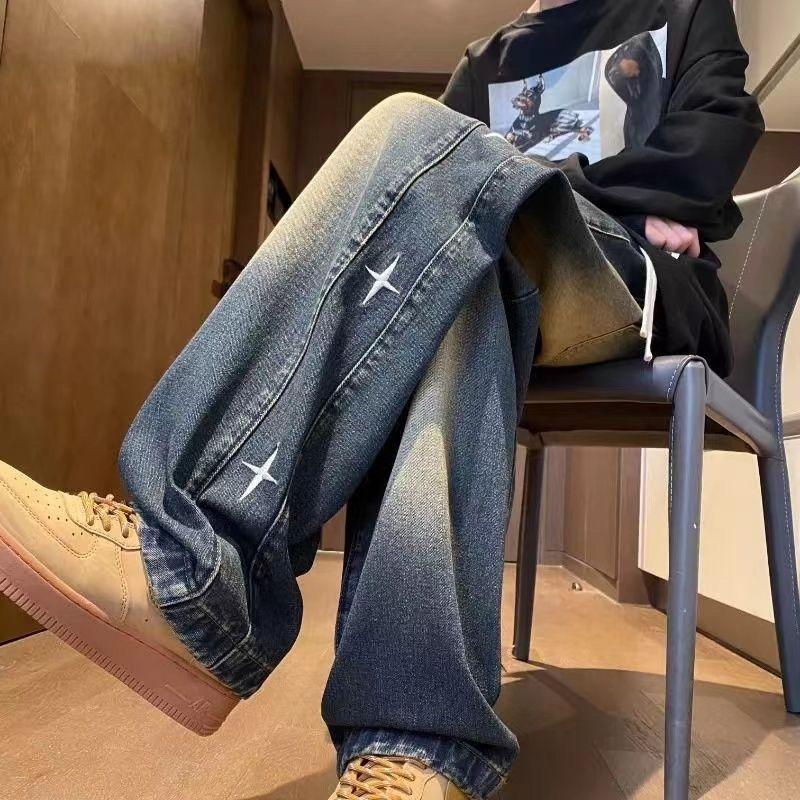 

Men s Dark Grey Baggy Jeans Straight Leg Loose Fit Star Embroidered Denim Trousers S синій