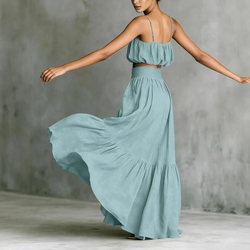 Women's Camisole Top and Pleated Maxi Skirt Two Piece Set High Waist Summer Vacation Outfit