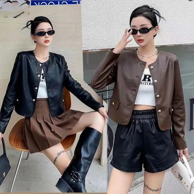 Black Short Style Leather Jacket for Women, Spring and Autumn New Hong Kong Style Round Neck Jacket, PU Leather Top