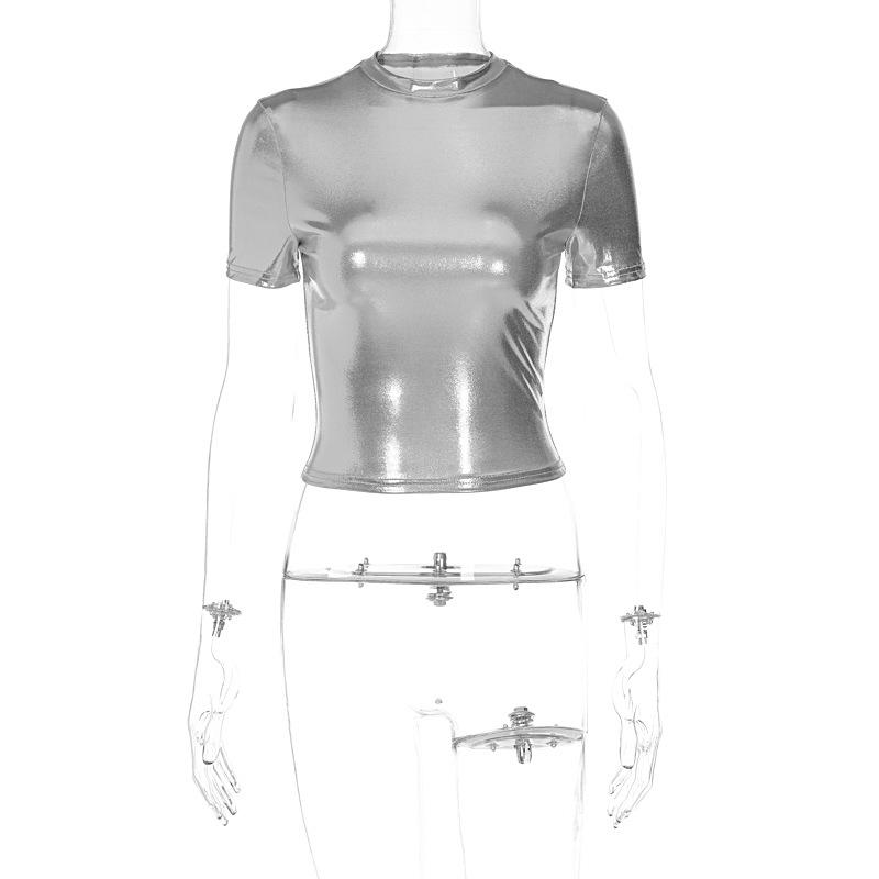 Læder Solid Rund Hals Korte Ærmer Sexet Smal Y2K T-shirt Top 2024 Sommer Dame Mode T-shirts Streetwear Grunge Tøj