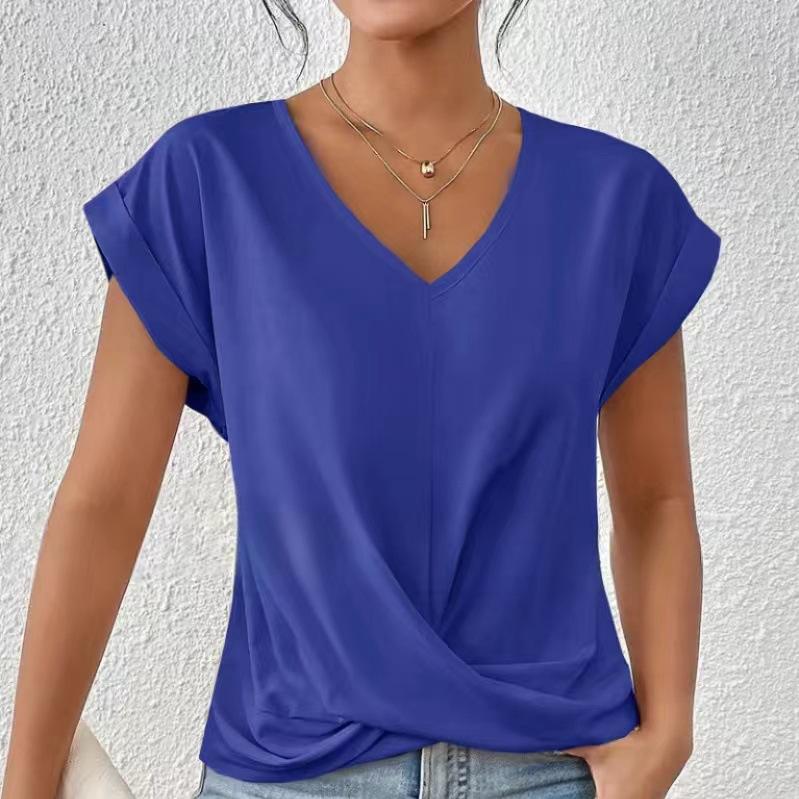 Women's Solid Color V-neck T-shirt Elegant Short-sleeved Blouse Spring and Summer Casual Women's Clothing