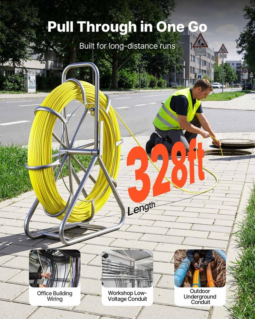 Glasfaser-Einziehband, 100M 6,3MM, Kabeleinziehstange mit Ständer, Kabelverlege stange mit Verriegelungsmechanismus, Einziehwerkzeuge, für Wände