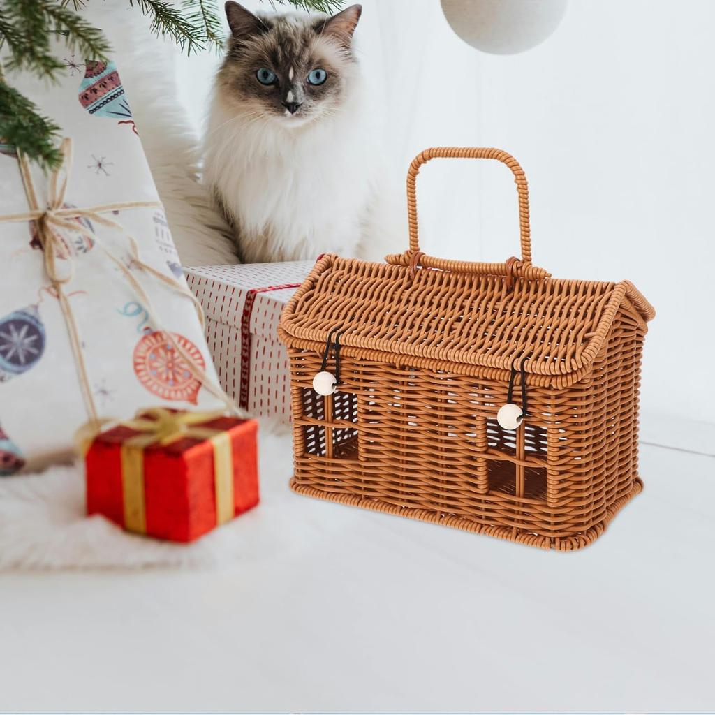 Handmade Rattan Basket with Lid, House Shaped Basket - Mouse In a Box House - Wicker Small Dollhouse for Girls, Decorative Cute Woven Artwork for