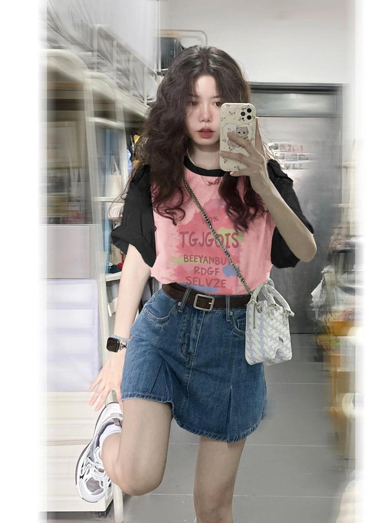 Women's Plus Size Color-Blocked Retro Cotton Short-Sleeve T-Shirt - Black/Pink