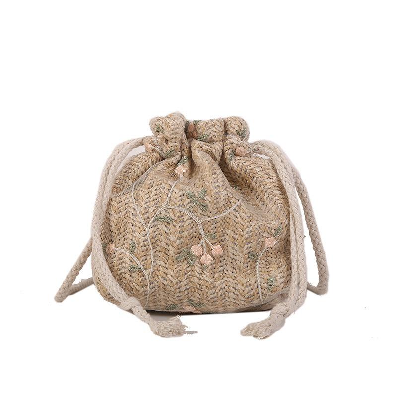 Floral Canvas Bag Bucket Straw Bag Women's Small Fresh Lace Fashion Shoulder Crossbody Bag