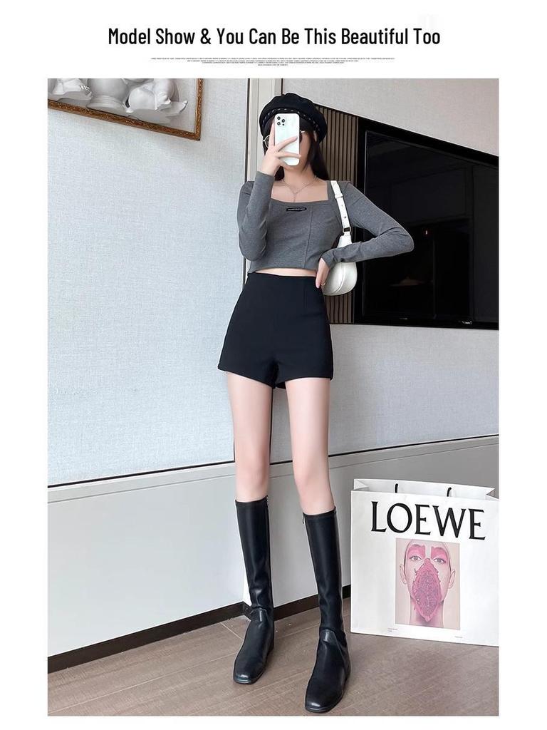 Women's Black High-Waisted Slimming Stretch Shorts - Petite Autumn Casual Sportswear