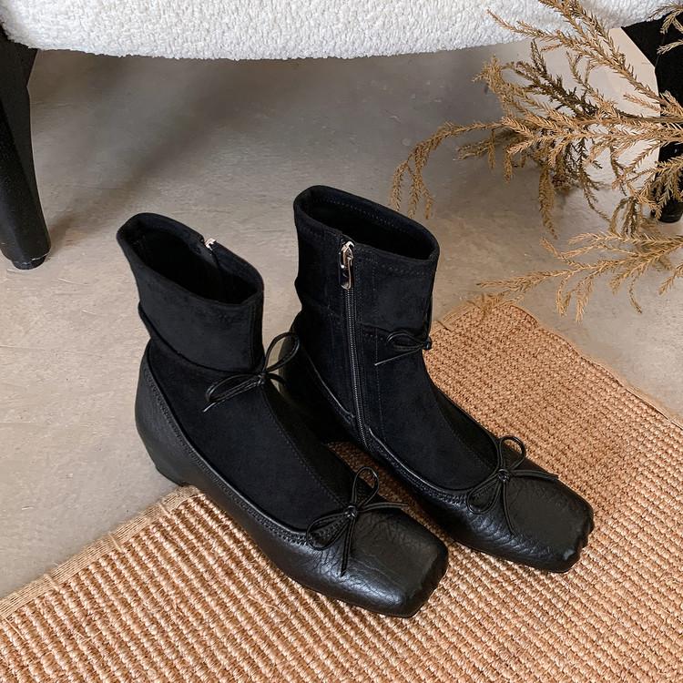 Sheepskin Version~ Retro Ballet Style Bow Thin Boots Women's French Autumn and Winter New Pig Nose Thick Heel Short Boots