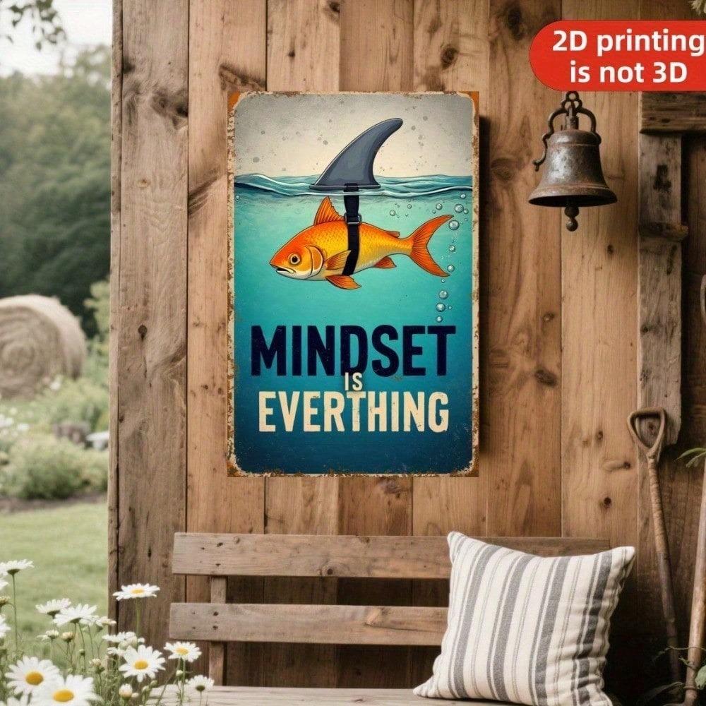 Vintage Goldfish Shark Fin Mindset Metal Sign Motivational Tin Wall Art Home Office Decor