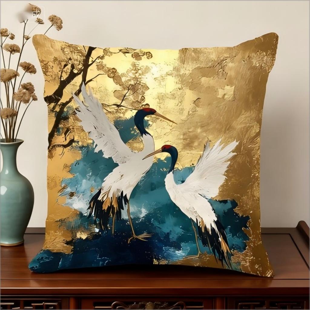 Federa per Cuscino Gru dalla Corona Rossa Oro Stampa Artistica Orientale Custodia per Cuscino Arredamento Casa Zen Asiatico Regalo