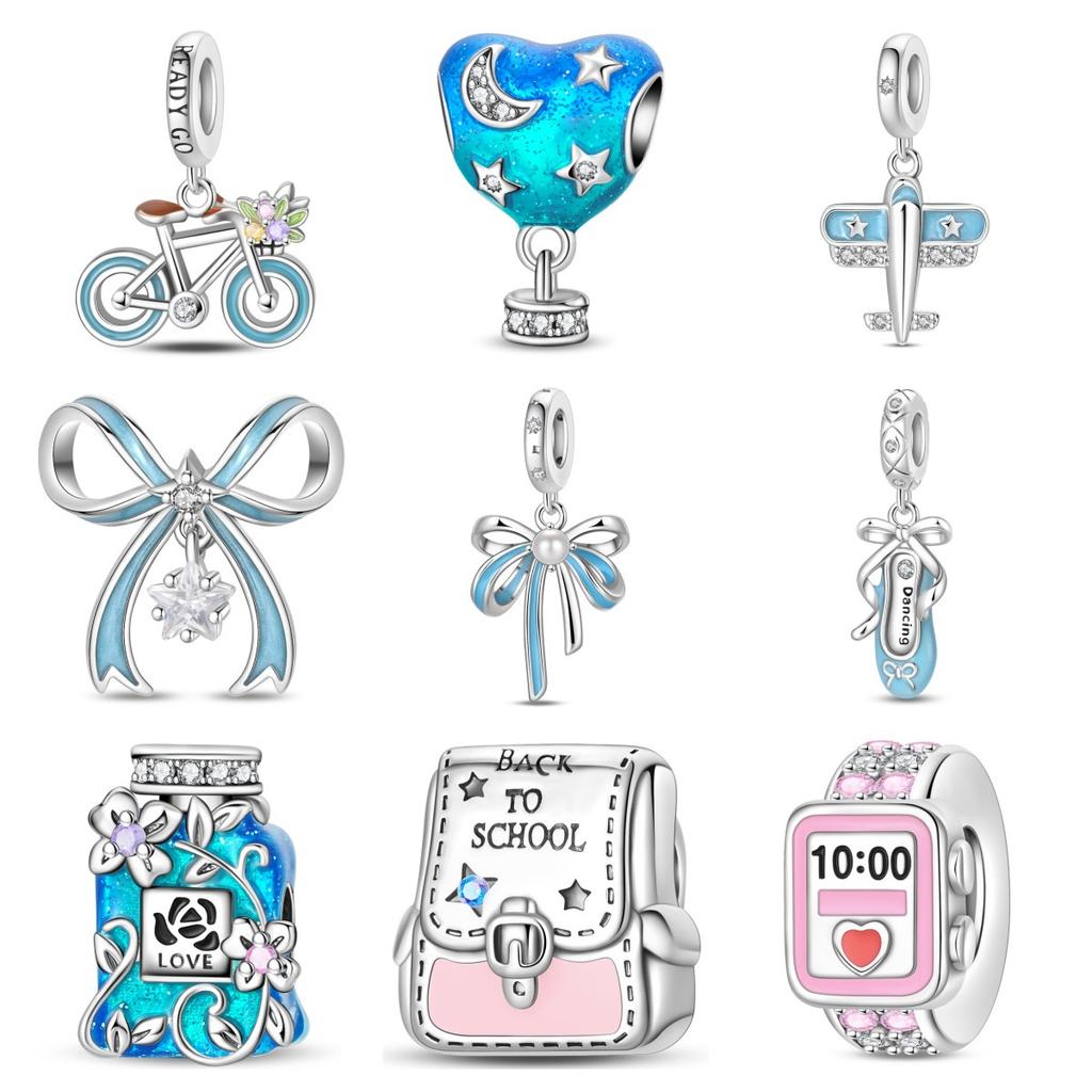 S925 Silver Blue Airplane Bicycle Bow Ballet Charm Pendant DIY Bracelet Accessories