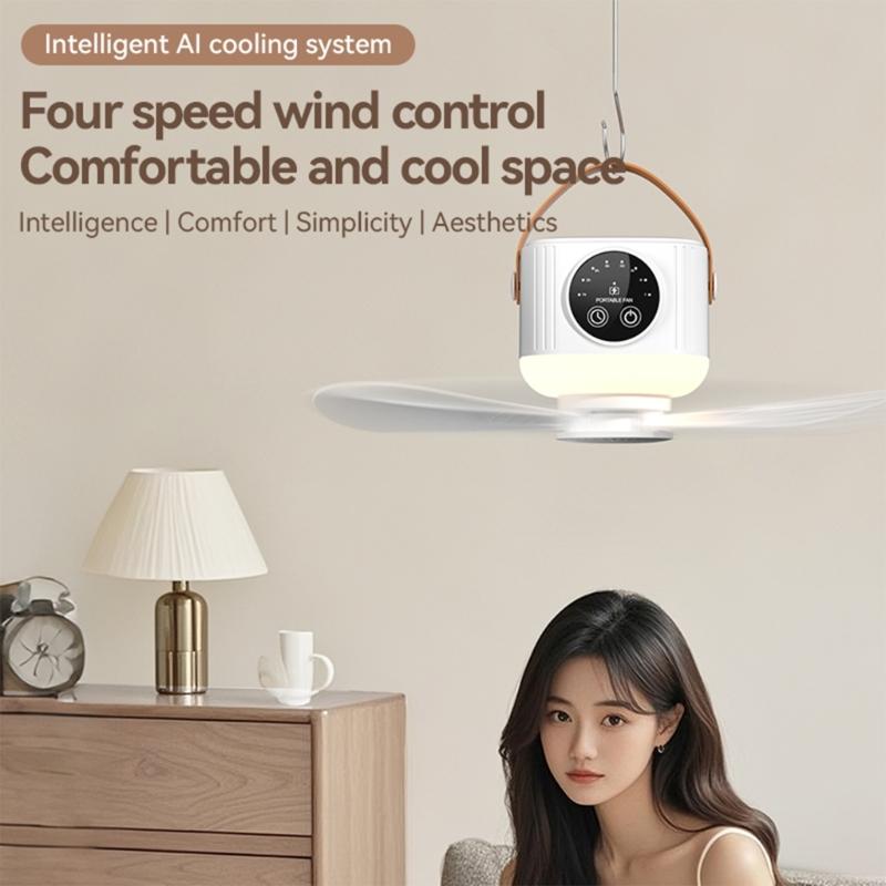 USB Hanging Fan Lamp For Outdoor Camping Car And Dormitories 4 Speed Setting And Timer Option Multiple Function