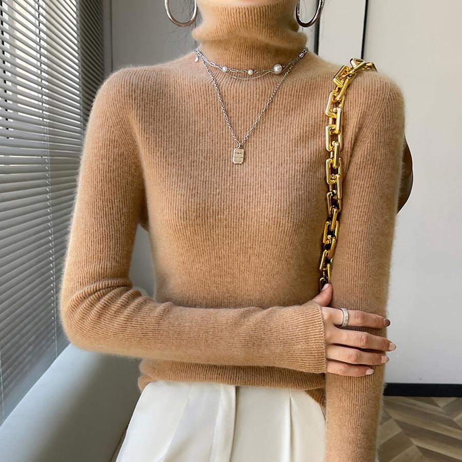 High Neck Cashmere Wool Sweater Women's Solid Color Drawstring Base Layer Slim Fit Thin Knit Pullover Autumn Winter Inner Wear