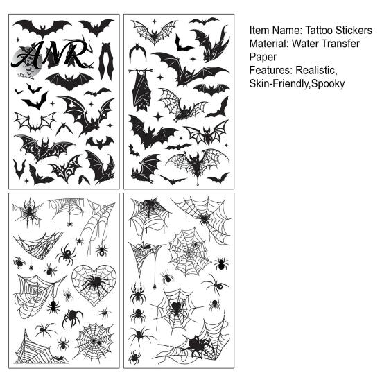 Realistic Dark Style Body Art 4Pcs Halloween Spider Bat Tattoo Stickers, 3D Temporary Easy to Apply Makeup for Party, Waterproof Fake Web Decals,