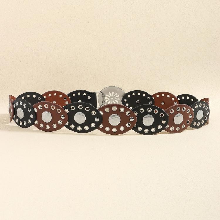 Fashion Bohemian Oval Disc Belt for Adult Western Waistband Ethnic PU Leather Hollowed Buckle Waiststrap for Dresses