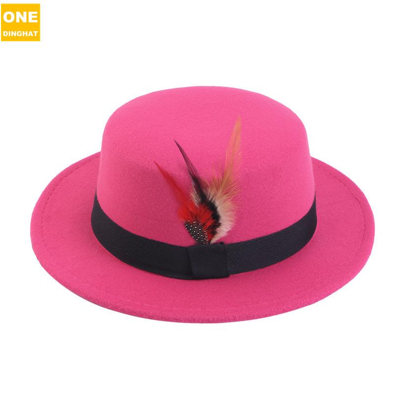 Men'S And Women'S Woolen Wool Flat Top Top Top Hat Retro Chicken Feather Jazz Hat Gentleman'S Hat Jdl-008A