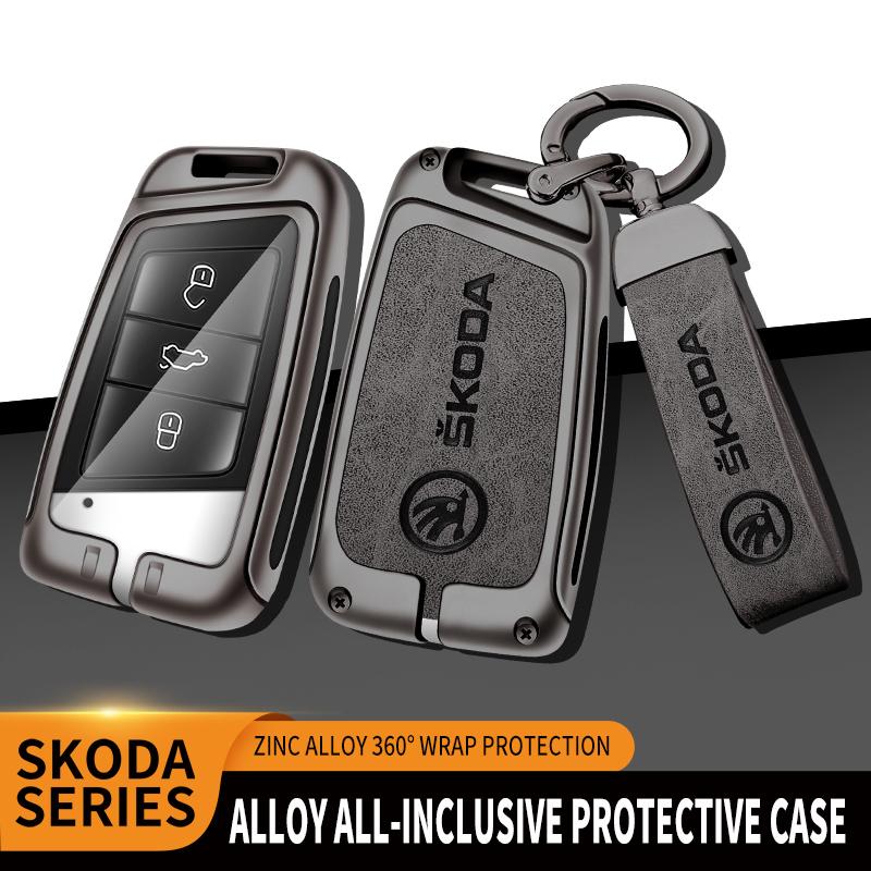 EBL2 3 Boutons Mode Alliage Étui de Protection Coque pour Clé de Voiture à Distance Coque en Cuir Porte-Clés pour Skoda Superb A7 Kodiaq Accessoires Auto