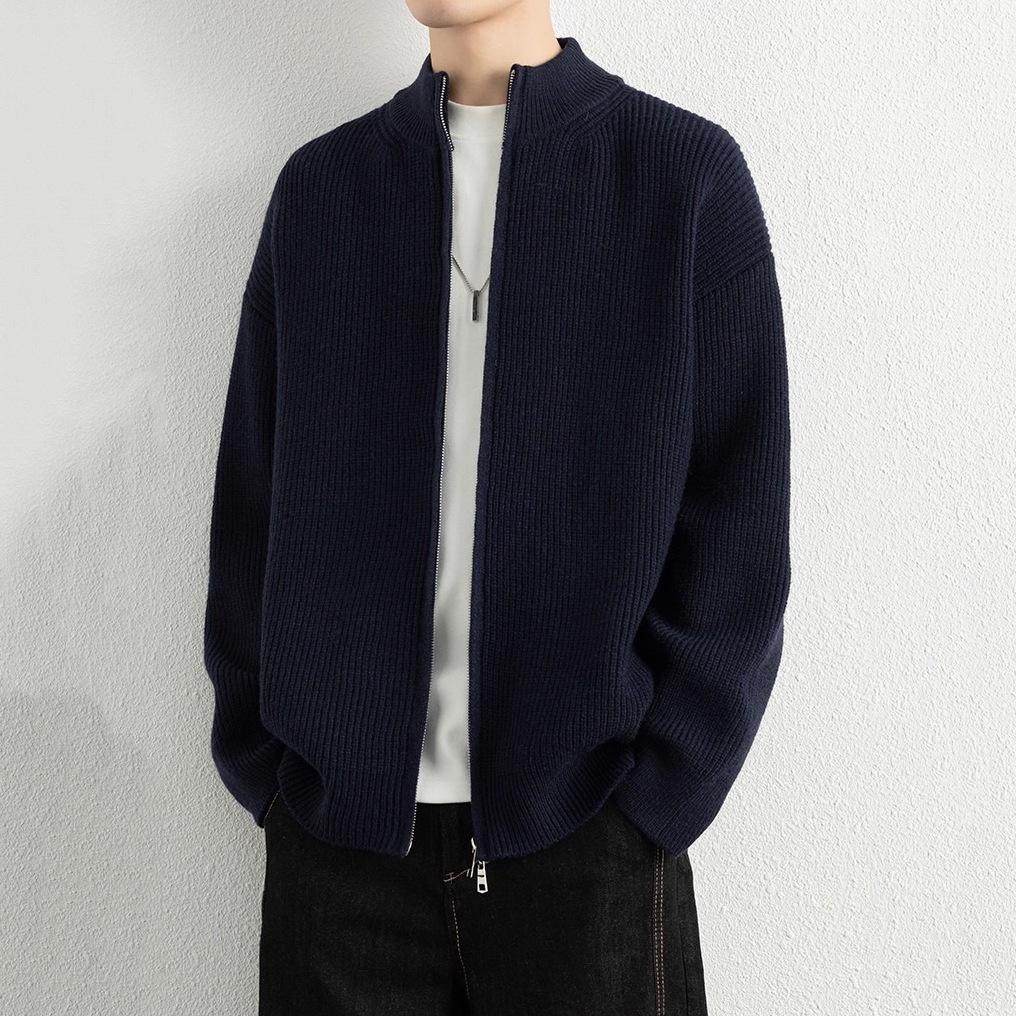 

Men s Stand Collar Double Zipper Cardigan Sweater - High-End Lazy Style for Autumn and Winter Medium темно-синього кольору