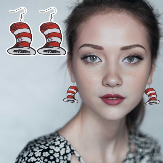 

1 пара сережек-крючков контрастного цвета в полоску в форме шляпы деревянные противоаллергенные легкие серьги для девочек на выпускной к школьному сезону висячие серьги красный