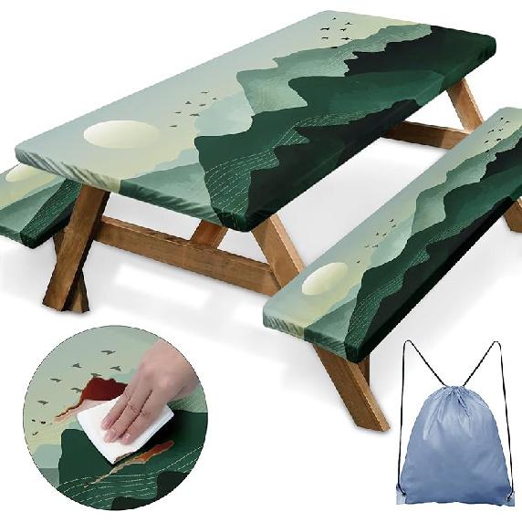 Sunflower Wooden Picnic Table Cover with Bench Covers, Rustic Summer Floral Farmhouse Outdoor Camping Essentials 6FT 3PCS Fitted Rectangle RV Must