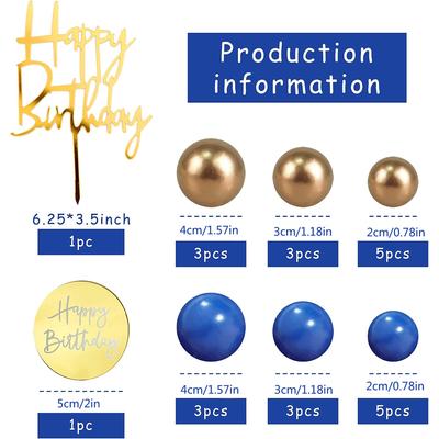 24 Stück Blau Gold Kugel Kuchen Topper Happy Birthday Boho Kuchen Topper Dekorationen für Marineblau Boho Hochzeit Mann Junge Geburtstagsfeier
