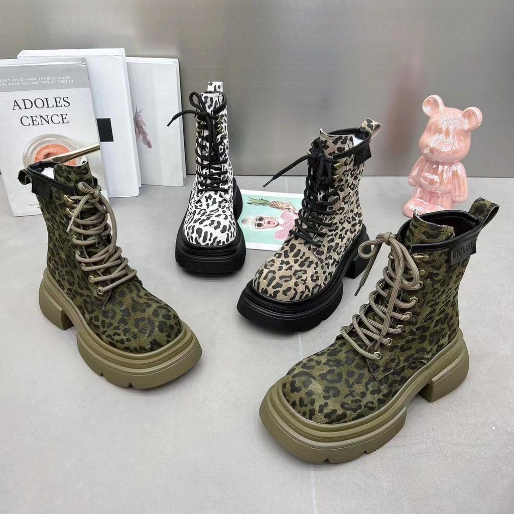 Fashion Vintage Leopard Print Women Boots Round Toe Women's Boots Casual Shoes 2025 Fashion Woman Boots Mid Heel Botas Femininas
