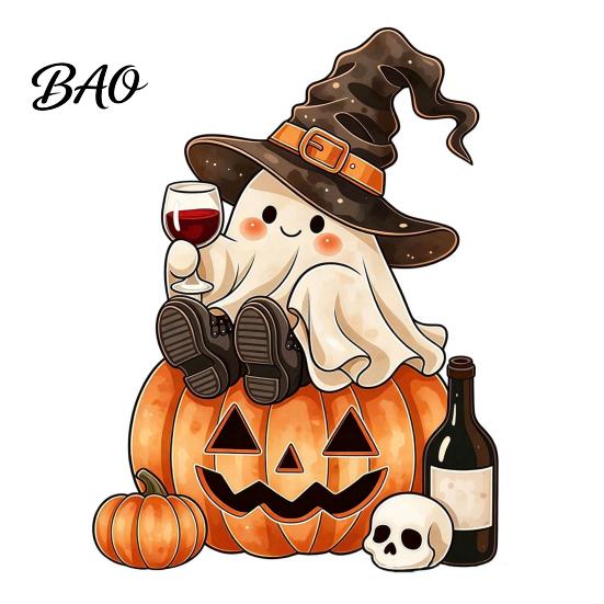 Seasonal Shelf Display Halloween Wooden Ghost Ornament with Pumpkin Pattern, Double Sided Desktop Decoration, Spooky Tiered Tray Decor Decor,