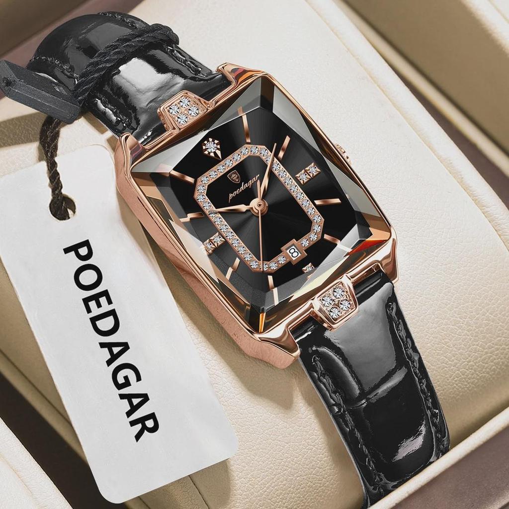 POEDAGAR Rectangle Luxury Women's Watches Waterproof Date Leather Woman Watch Elegant Fashion Quartz Women Wristwatch