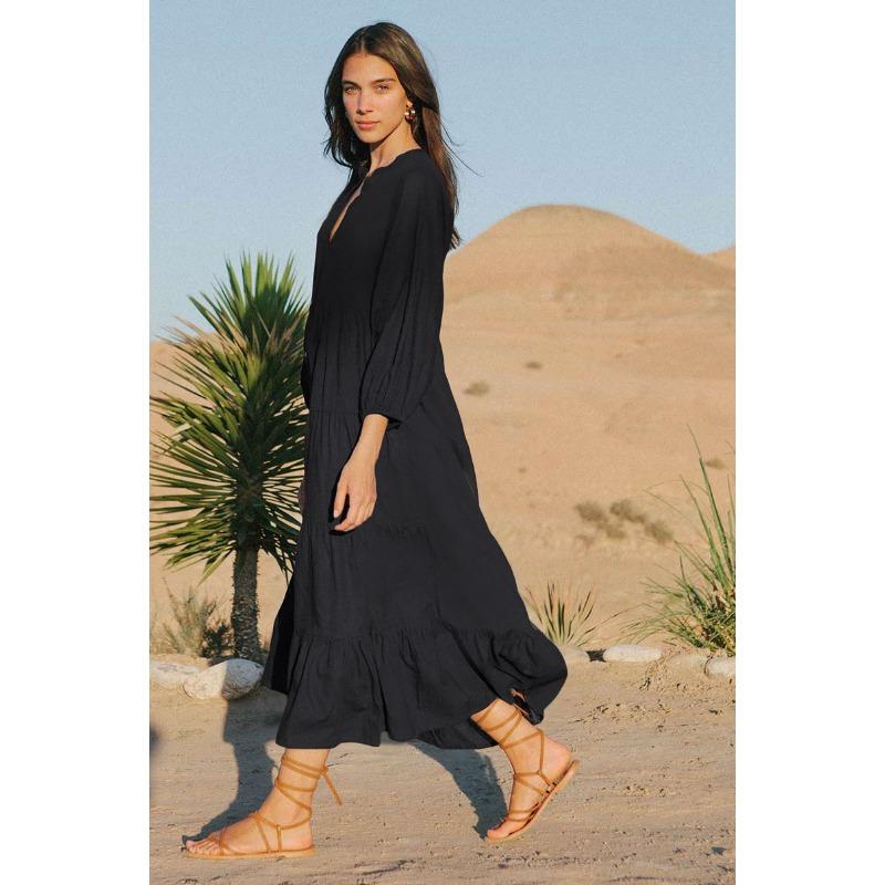 Women's Fashion Spring Fall Solid Color Print Long Sleeve V-Neck Loose Waistline Casual Dresses