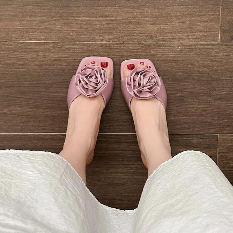 Square head one-word drag new summer new flower temperament sandals with skirt high-heeled slippers