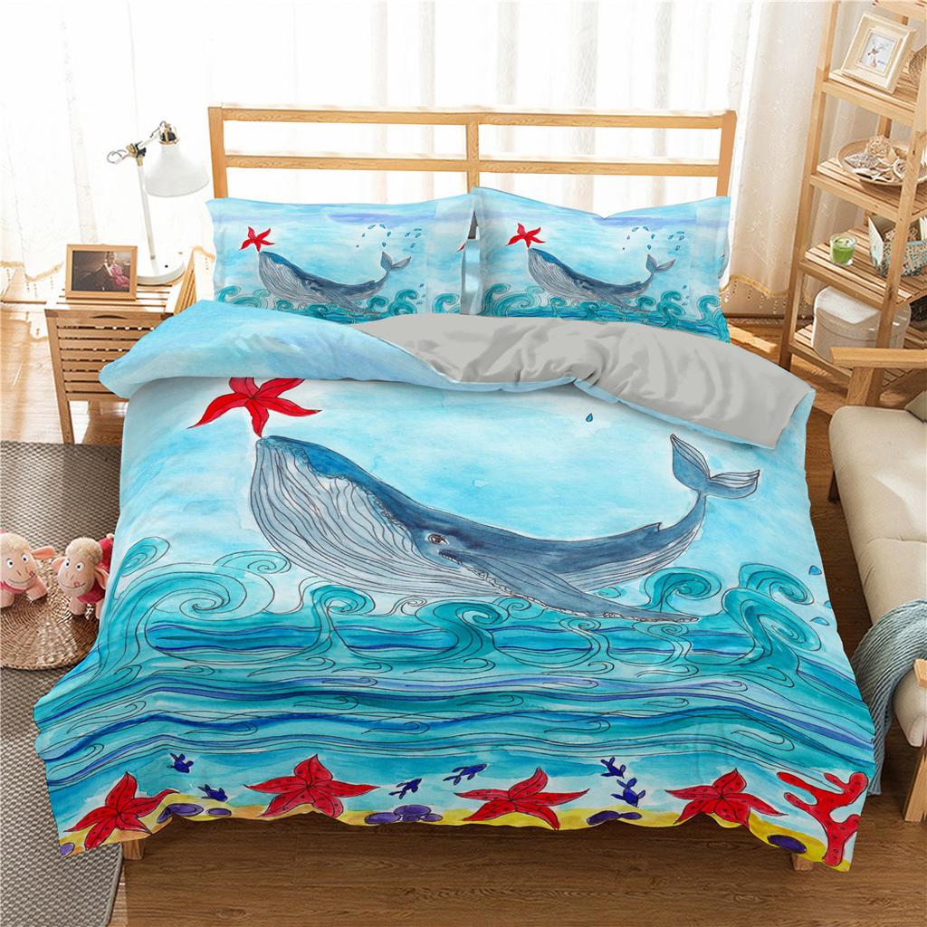 Dolphin Duvet Cover Set 3D Fish In Blue Sea Cute Animals Queen King Twin Full Size Bedding Set For Kids Boy Girl Comforter Cover
