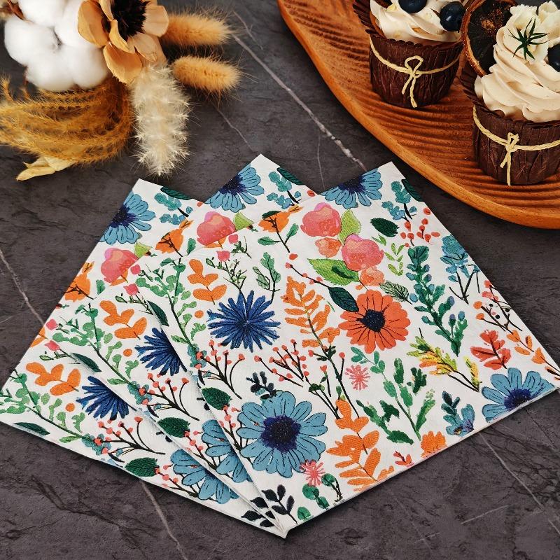 Romantic Country Napkins, 33cm 2-Ply Colorful Floral Print with Berries and Leaves for Garden Party Wedding Table Decor, 20pcs