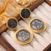 Vintage S925 Silver Needle Western Court Earrings Antique Coins Portraits Electroplated Genuine Gold
