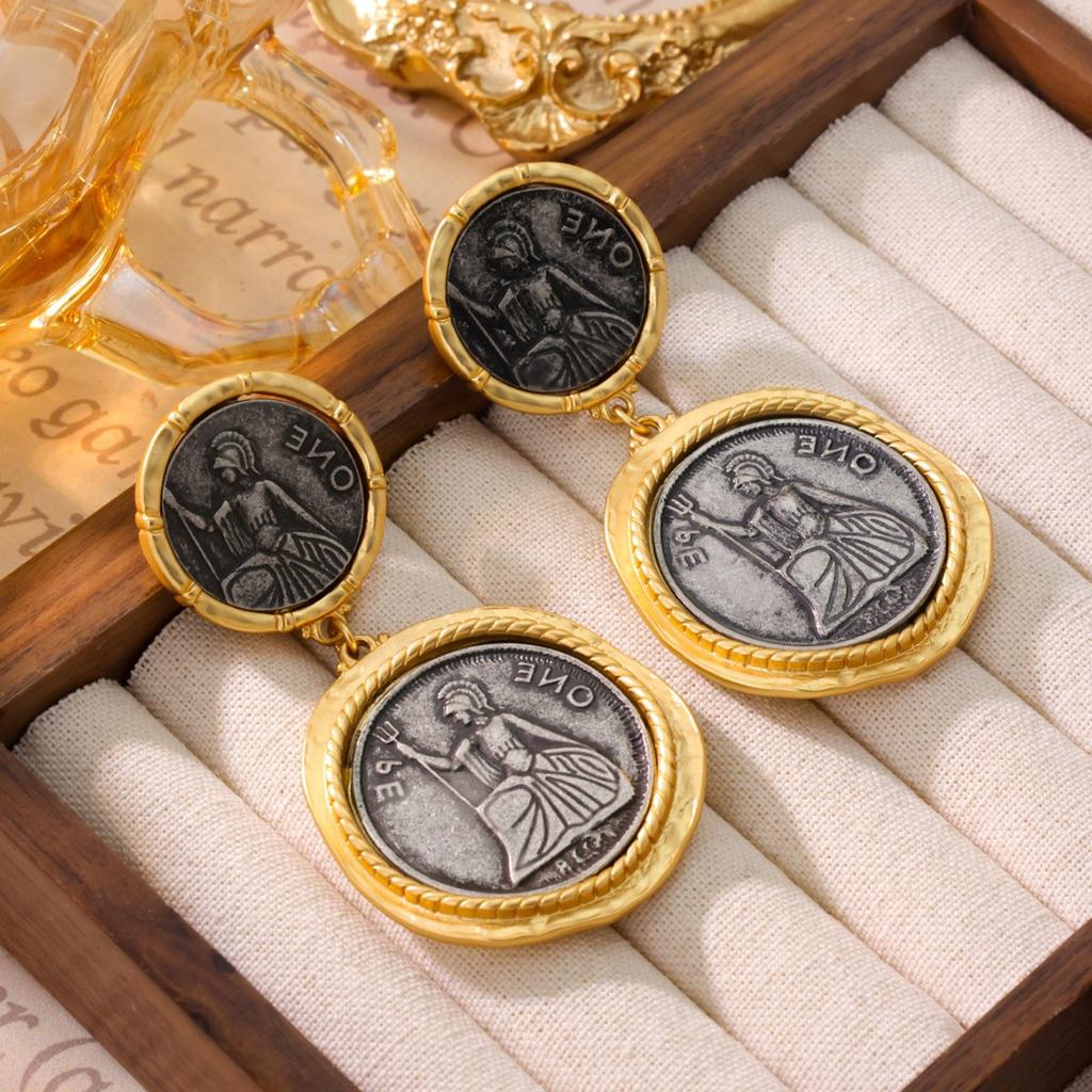 Vintage S925 Silver Needle Western Court Earrings Antique Coins Portraits Electroplated Genuine Gold