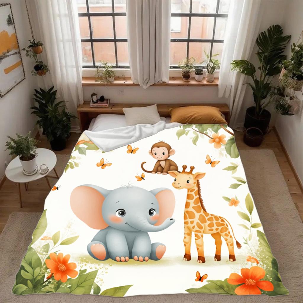 Copriletto Animali della Savana, Morbida Flanella con Elefanti Scimmie Giraffe per Arredamento Stanza Giungla, Coperta Unisex di Natale