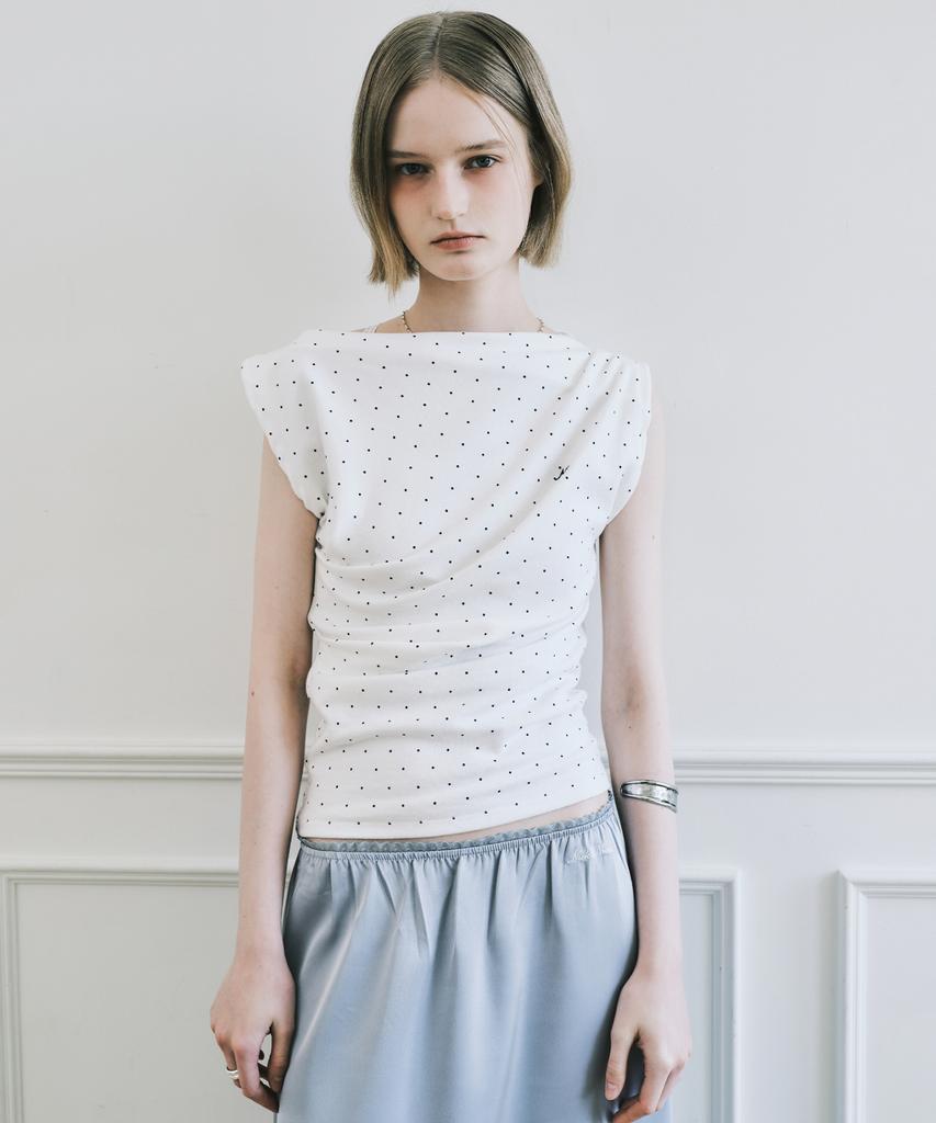 Nigaennikol Dot Shirring Drape Sleeveless Top_Ivory