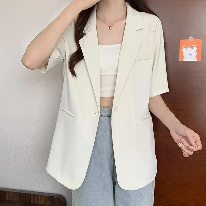 

Female Short Sleeved Suit Coat Women Summer Loose Fitting Solid Color Blazer Jacket Ladies Korean Leisure Tops Outerwear XS белый