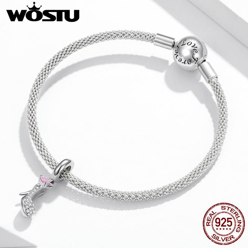 WOSTU Shiny Glass Slipper 925 Sterling Silver Heels Pink Heart Zircon Pendant Charm Fit Original Bracelet Jewelry