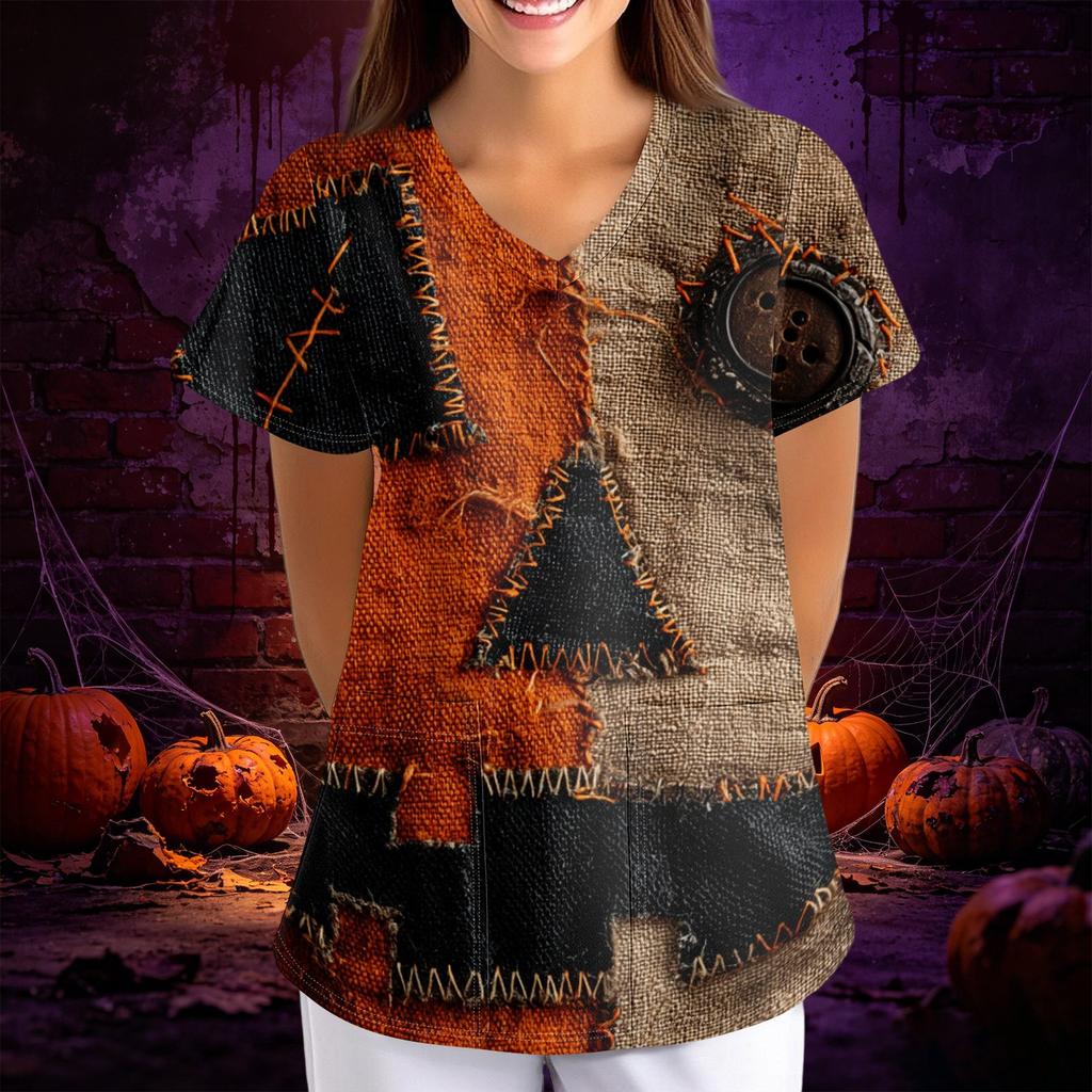 Women Halloween Print Loose Fit V Neck Short Sleeve Top with Pocket Comfortable Fabric for Work or Casual Wear