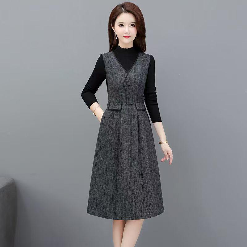 

Элегантное платье с длинным рукавом, имитирующее двойку - Женская осенняя мода 2025, юбка, облегающая талию L (for 100-115 lbs)