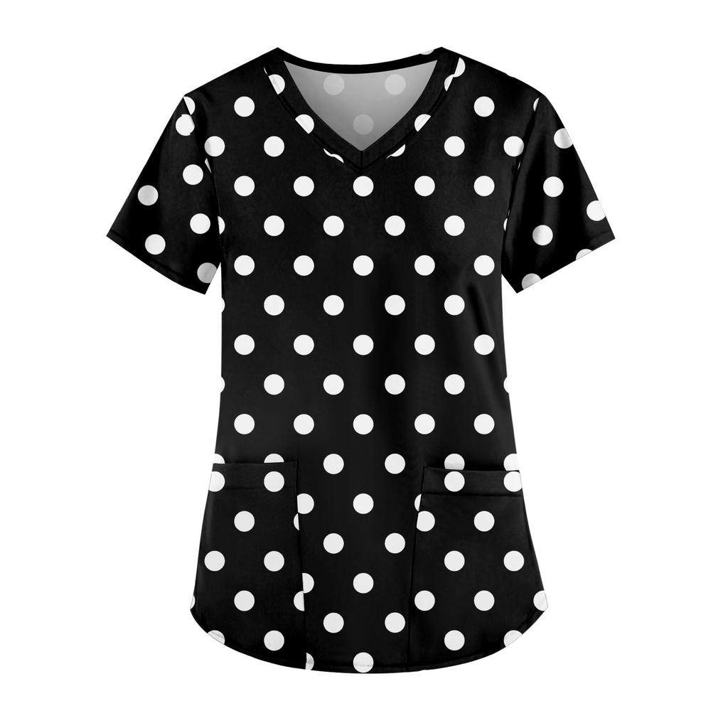 Plus Size Printed Scrub Working Uniform Tops For Women's V-Neck Short Sleeve Fun T-Shirts Workwear Tee With Pockets