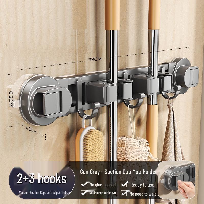 Suction Cup Mop Holder: Wall-Mounted, No-Drill Adhesive Hook for Bathroom Storage