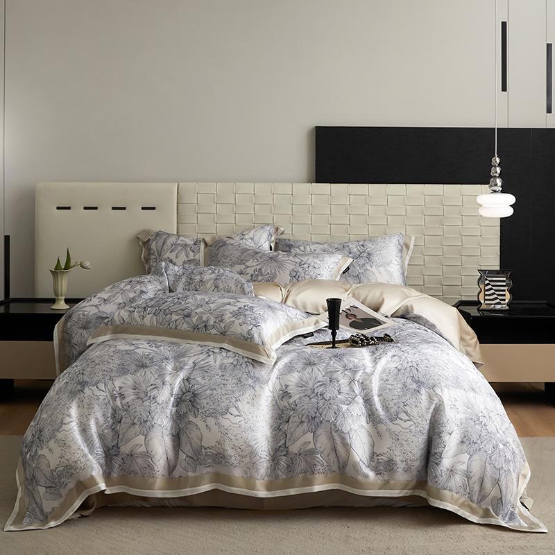 Floral Plant Print Color Blocking Bedding Set Lyocell Bamboo Fiber Soft Silky Duvet Cover Flat/Fitted Bed Sheet Pillowcases 4Pcs