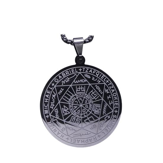 Men Necklace Seven Angel Amulets Chain Round Pendant Hollow Solomon Stainless Steel Electroplated Unisex