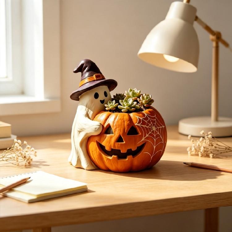 Halloween Pumpkin Planter, Decorative Resin Pencil Stand for Small Plant or Pen Storage, Tabletop and Shelf Display