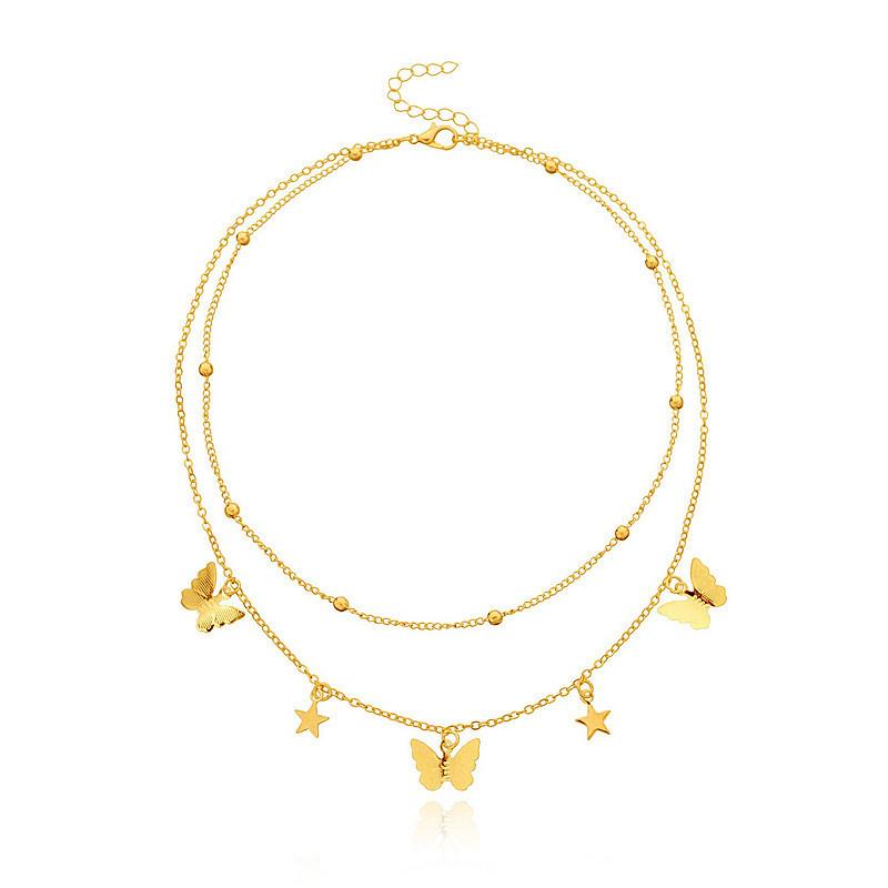 Fashion Personalized Bead Chain Accessories, Double-layer Simple Metal Star Butterfly Pendant Necklace