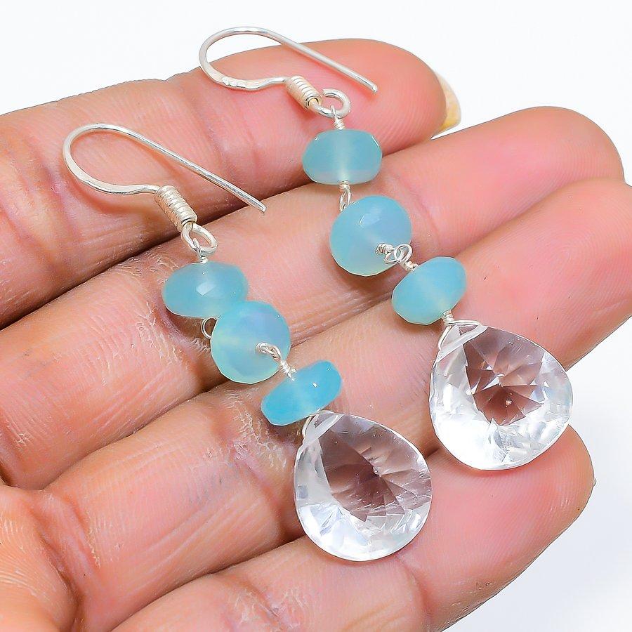 

White Topaz, Chalcedony Gemstone 925 Sterling Silver Jewelry Earring 2.21 GK-5214