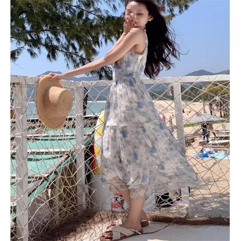Elegant French Style Floral Spaghetti Strap Long Dress - Summer Slimming Resort Wear