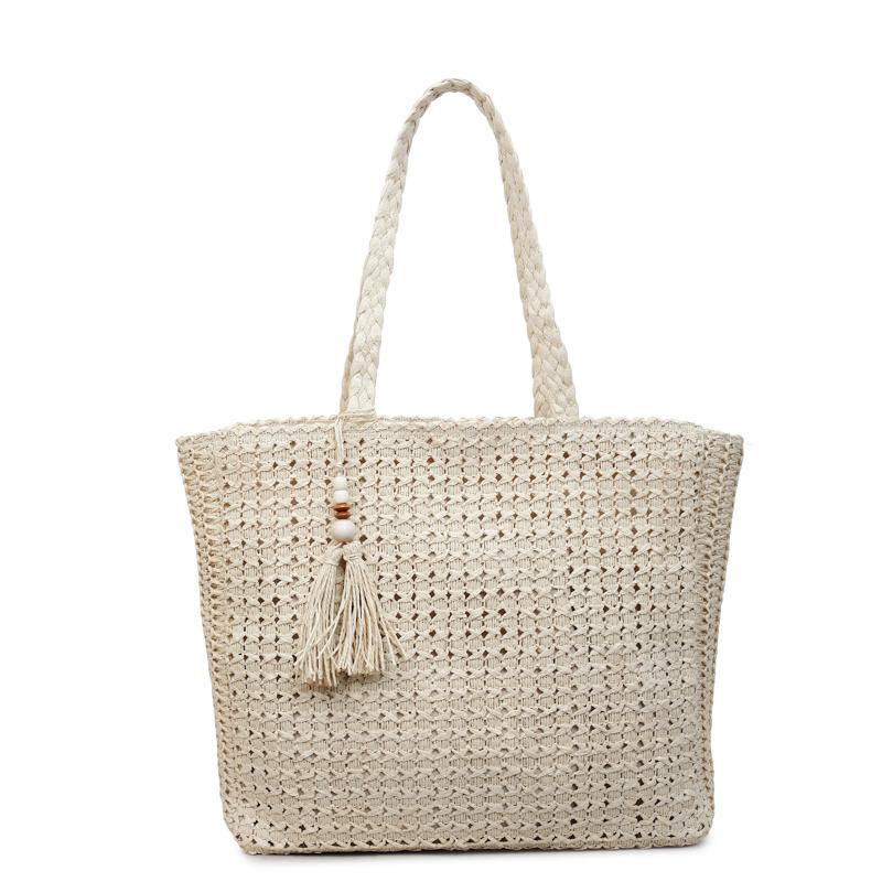 

Casual Sweet Beach Vacati Bag 2026 High Quality Large Capacity Bags New Straw Tassel Solid Color Zipper Shoulder Bags бежевый