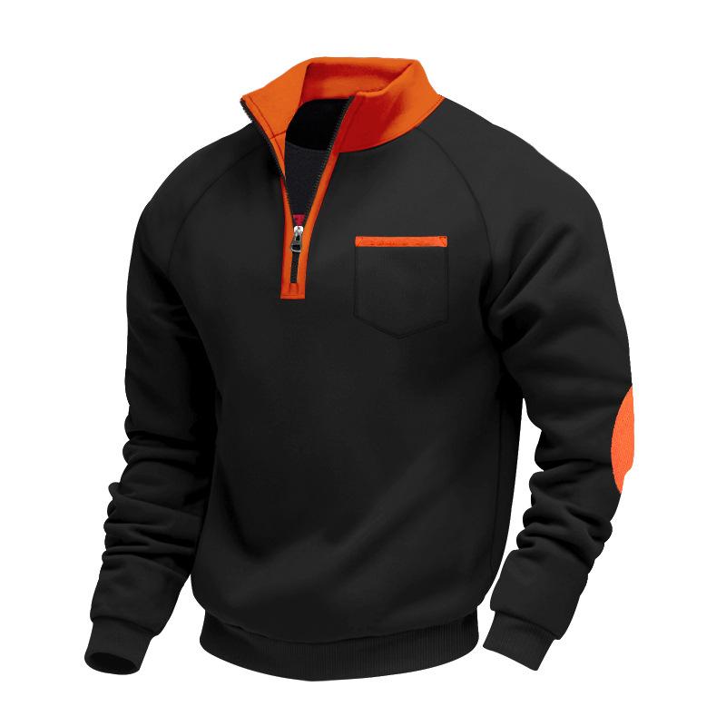 Men's Heavyweight Fleece-Lined Thermal Zip-Up Stand Collar Personalised Patchwork Stylish Casual Long-Sleeved Sweatshirt