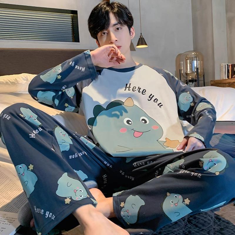 

Весна и осень, новый мужской пижамный домашний костюм, подростковый свободный костюм для отдыха, большой размер нижнего белья, пижамный домашний костюм 4XL зелёный/тёмно-синий